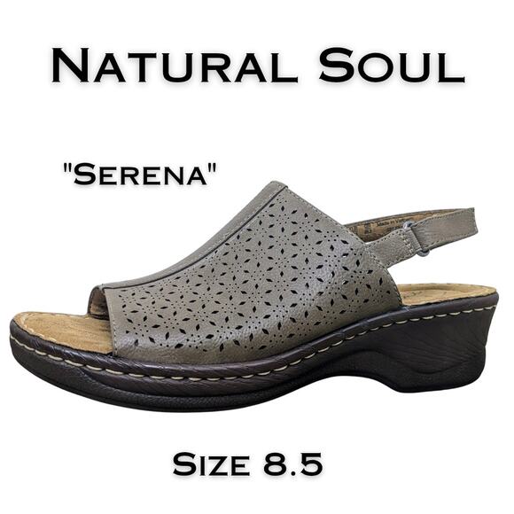 Natural Soul by Naturalizer Shoes - Natural Soul Serena Sandal 8.5 Tan Slingback Strap Wedge Laser Cut Padded Comfy